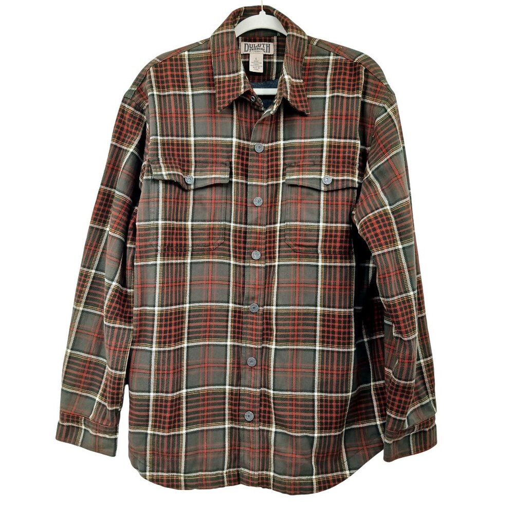 Duluth Trading Co Plaid Shirt Jacket Shacket Fleece Lined Green Orange Large